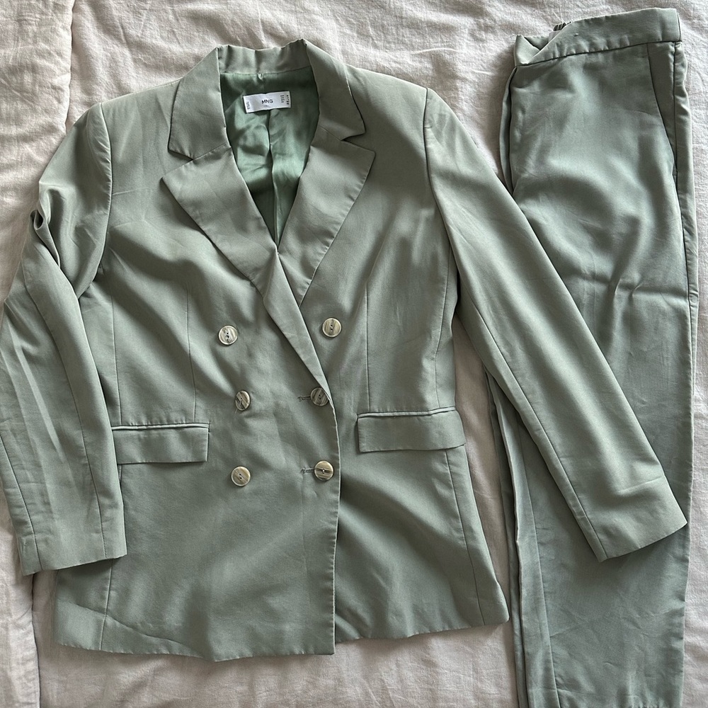Mango Sage Green Blazer and Pant Suit Set